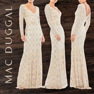 MAC DUGGAL Women’s Geometric Embellished Evening Gown in the Size 16 in Nude